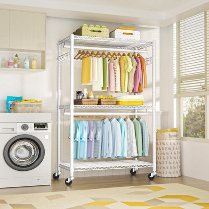 FUTASSI P1 Plus Rolling Clothes Rack, 22mm Diameter Heavy Duty Garment Rack with Wheels, Portable Closet Wardrobe with Double Rods, 45" W x 17.7" D x 80.5" H, Max Load 524 LBS, White