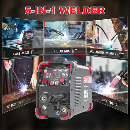 AWT Aluminum 155A MIG Welder,5 in 1 Gas MAG/Aluminum MIG/Gasless Flux Core MIG/Stick/Lift TIG Aluminum MIG Welding Machine,110/220V Welding Machine with Multiprocess Wire Feed