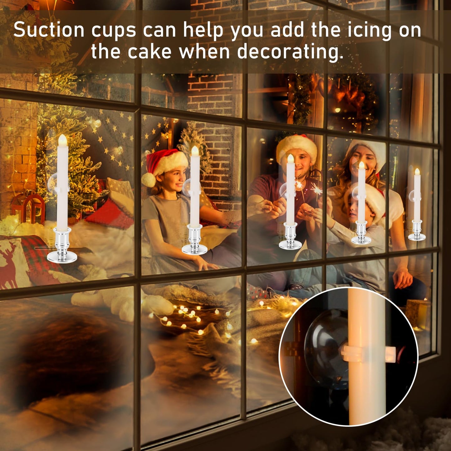 Qmioti 8 Pack Christmas Window Candles, Battery Operated Window Candles with Timer Remote, LED Window Candle with Candle Holders Suction Cups for Christmas Decorations, Silver