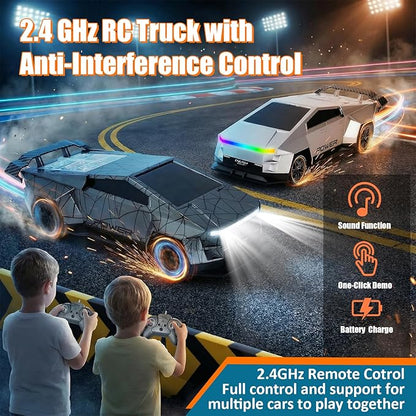 Remote Control Car/RC Truck – 2.4 GHz All-Terrain Cyber Vehicles with One-Touch Demo and Three Adjustable LED Light Effects Off-Road Pick-Up Hobby Monster Truck Toys Gifts for Boys/Girls Aged 3+