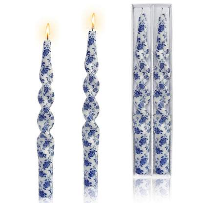 Flowers Printed Spiral Candles Unscented Twisted Candlestick Smokeless 2 PCS Blue Long Taper Candle 10 inch Twisted Candle Sticks Tapered Candles for Home Wedding Dinner Holiday Party