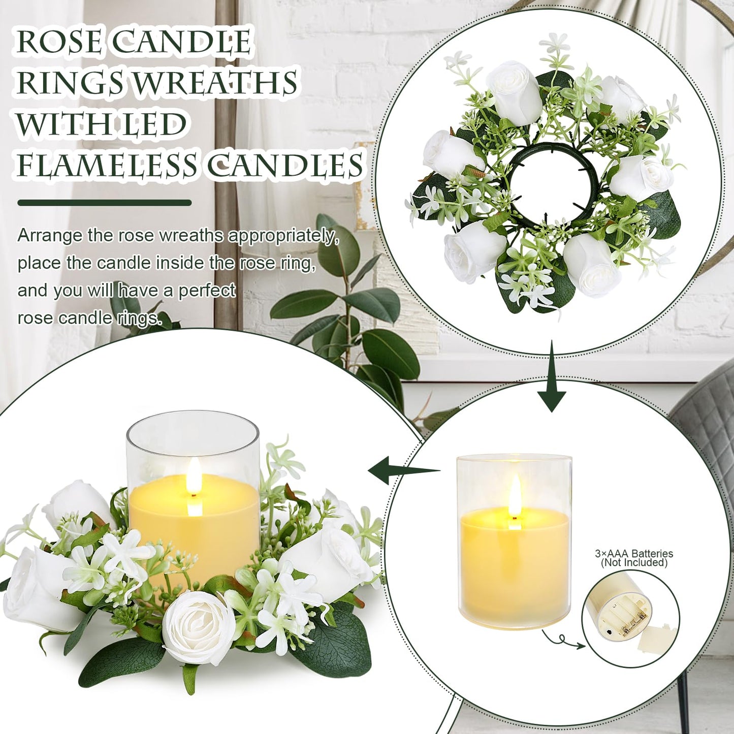 Tobilu 12 PCS Artificial Roses Rings - 3 Inch Roses Flower Wreaths with LED Candles Eucalyptus Pillar Holder Wreath for Wedding Table Centerpiece Home Decorations, White, 6 Sets