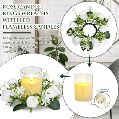 Tobilu 12 PCS Artificial Roses Rings - 3 Inch Roses Flower Wreaths with LED Candles Eucalyptus Pillar Holder Wreath for Wedding Table Centerpiece Home Decorations, White, 6 Sets