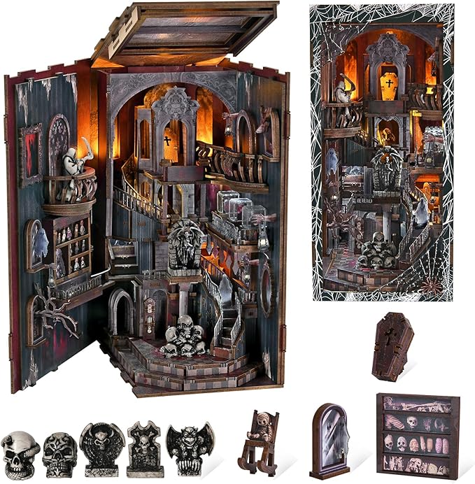 Book Nook Kit with LED Light DIY Miniature Dollhouse Booknook Kit Creepy Scary 3D Wooden Puzzle Bookshelf Insert Decor for Stress Relief Craft for Book Lovers &amp Adult (Haunting Relics)