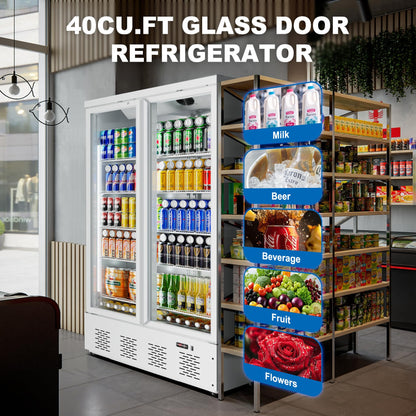 ECEVT 41.4''W White Commercial Refrigerators, 30.5 Cu.Ft 2 Glass Door Commercial Beverage Refrigerators Upright Display Cooler with LED Light and 10 Adjustable Shelves for Restaurant Stores