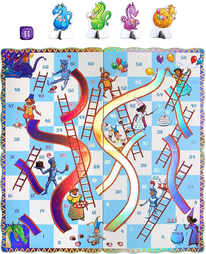 eeBoo: Slips &amp Ladders - Dragon Edition – A Classic Board Game of Ups &amp Downs Whimsical Fantasy Theme Holographic Foil Accents Kids 5+ 2-4 Players