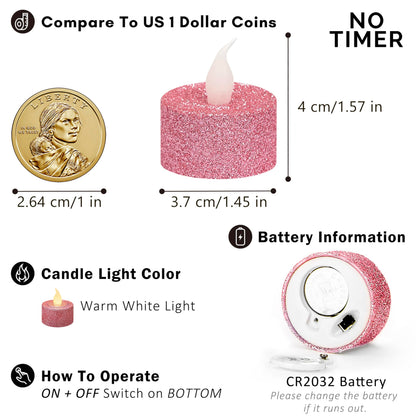 FURORA LIGHTING Pink Glitter Flameless Tealights - 1.45" W x 1.57" H, 12-Pack, Batteries Included
