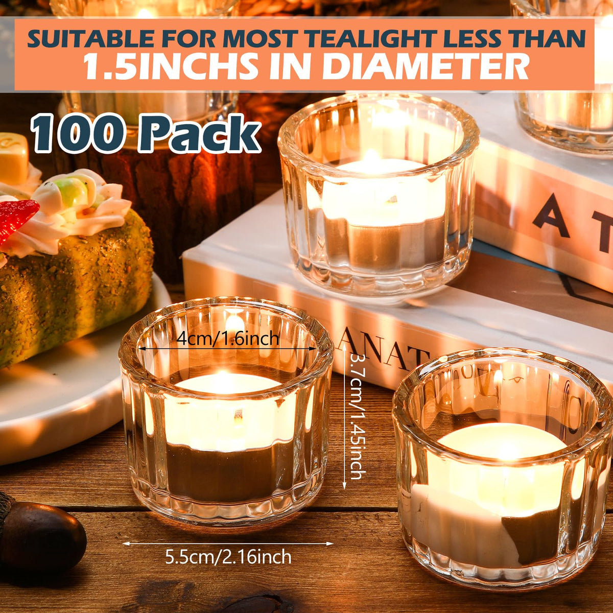 Mumufy 100 Pcs Glass Tealight Candle Holder Ribbed Votive Candle Holder for Centerpiece Wedding Proposal Spa Aromatherapy Meditation Home Decor (Clear)