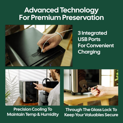 Terpkooler Essential Cooler Compact Portable Mini Fridge with Temp & Humidity Control, 3 USB Ports, Smoked Glass Shelves, Lockable UV Glass Door for Herbs, Oils, Cosmetics, and More