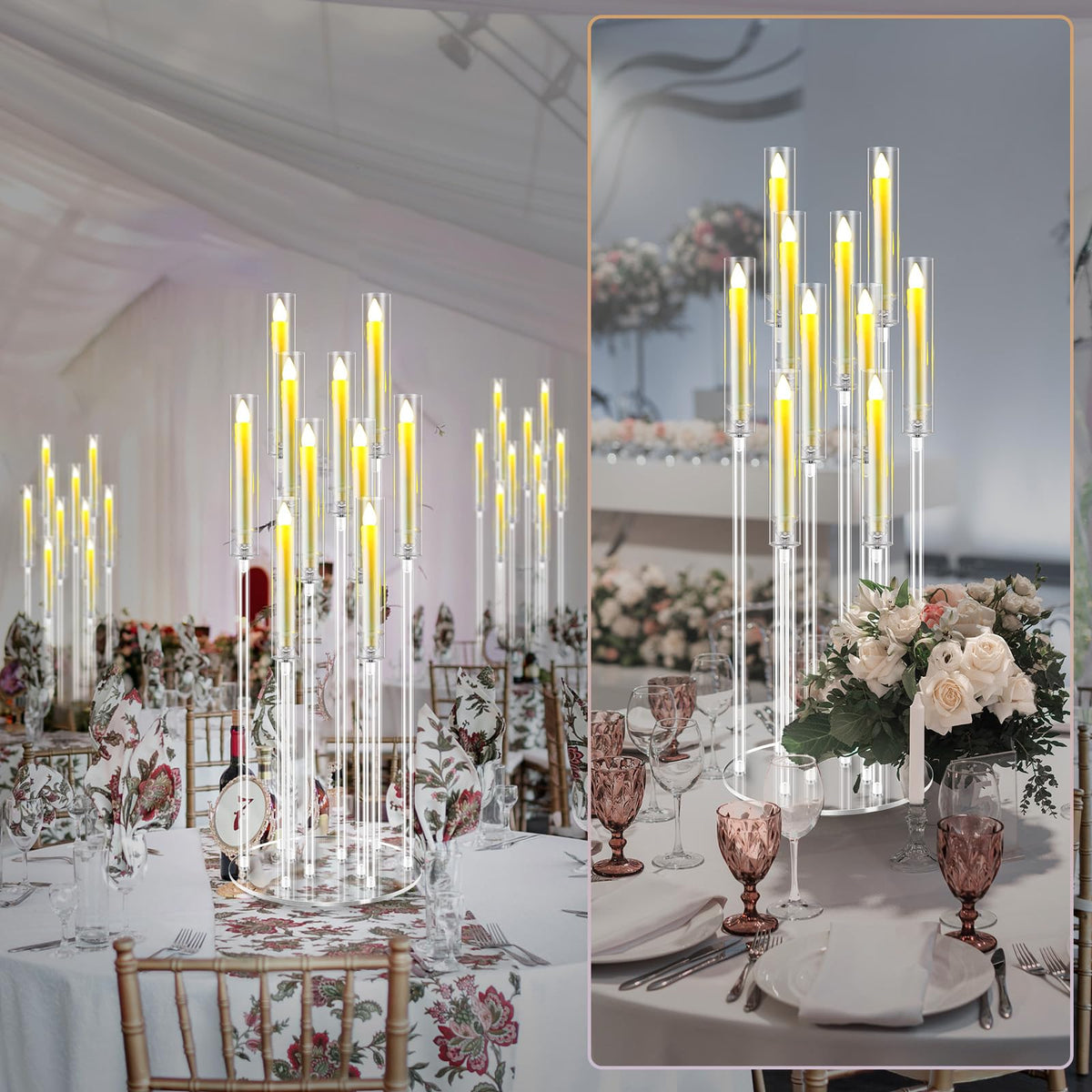 Tandefio 4 Pcs 10 Arm Wedding Acrylic Candelabra Table Centerpieces with 40 LED Candle 46.5'' Tall Floor Candlestick Clear Metal Candle Holder with Lampshade for Ceremony Easter Birthday Anniversaries