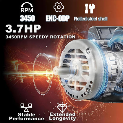 Kunray 3.7HP Air Compressor Motor, 3450RPM Electric Motor, 230V 17.2 Amps Single Phase Motor, 5/8" Keyed Shaft 56 Frame, 1.88" Shaft Length, CCW/CW Rotation