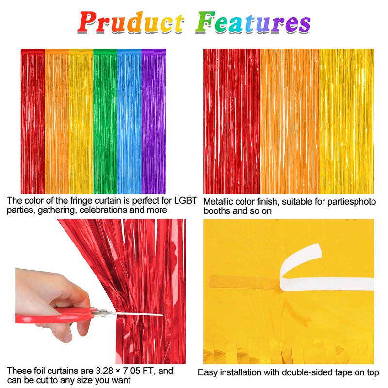 12 Pack Rainbow Backdrop, 3.28 FT x 7.05 FT Pride Decorations, Metallic Fringe Curtains Party Streamer Tinsel Backdrop, Rainbow Foil Curtains Birthday Party Decor Photo Booth Props