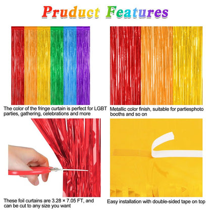 12 Pack Rainbow Backdrop, 3.28 FT x 7.05 FT Pride Decorations, Metallic Fringe Curtains Party Streamer Tinsel Backdrop, Rainbow Foil Curtains Birthday Party Decor Photo Booth Props