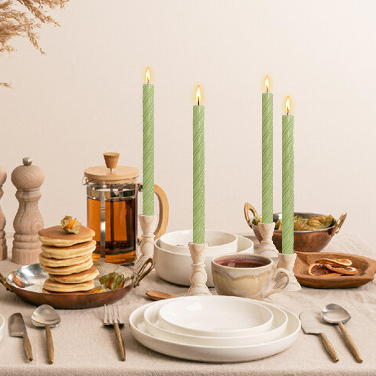 Dripless Taper Candles Unscented Grass Green Spiral Candles Smokeless Long Dinner Candles 10 Inch Long Lasting Burn Candlesticks for Home Decoration Christmas Gifts (2Pcs)