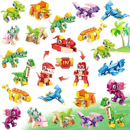 24 Pack Easter Party Favors for Kids 3-in-1 Dinosaur Building Block Toys Kids Classroom Gifts Stocking Stuffers Goodie Bag Stuffers Classroom Rewards Birthday for Boys Girls Ages 6-12