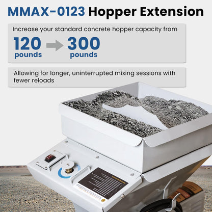 Upgraded MMAC-0123 Hopper Extension Compatible with Both Mud Mixer MMXR-3221 and Evolution Models, 250% More Dry Mix Capacity can Hold Approximately 5 Bags of 80 Pound Dry Mix at One Time