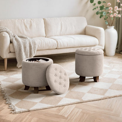 MoNiBloom Round Ottoman with Storage, Small Foot Rest Stool with Legs, 15.5 Dia. x 17 H Inches Upholstered Ottoman with Storage for Living Room, Bedroom, Beige
