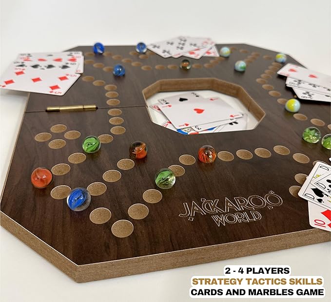 Jackaroo Board Game 2-4 Player Marble Strategy Game Solid Wooden Game with 16 Glass Marbles and 52 Cards Marble Chase Game Jokers and Marbles Board Game Foldable Board with Carry Bag (Walnut)