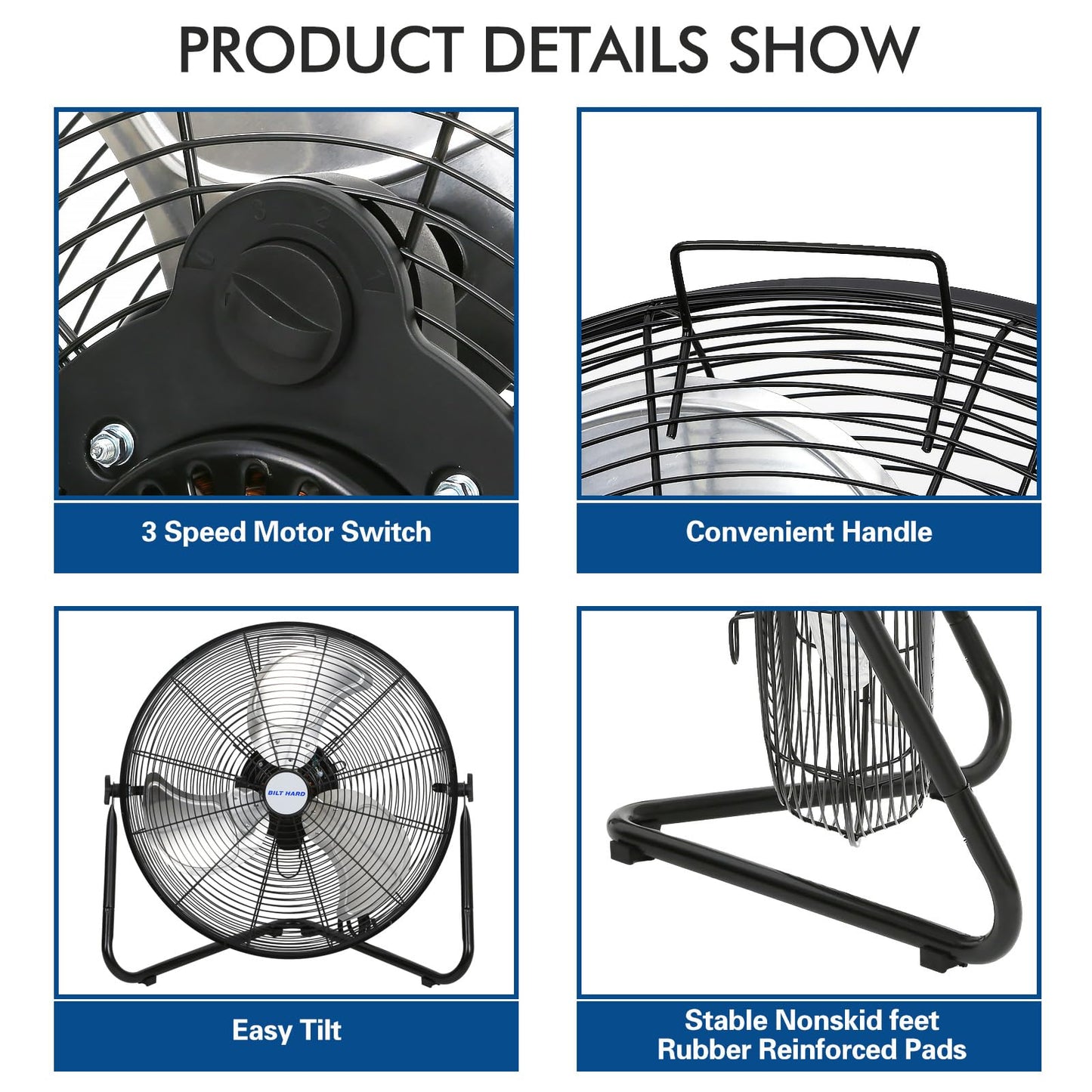 BILT HARD 20" High Velocity Floor Fan, 4600 CFM 3-Speed Industrial Shop Fan with Wall-Mounting System, Heavy Duty Metal Fan for Garage Workshop and Warehouse, 2 Pack