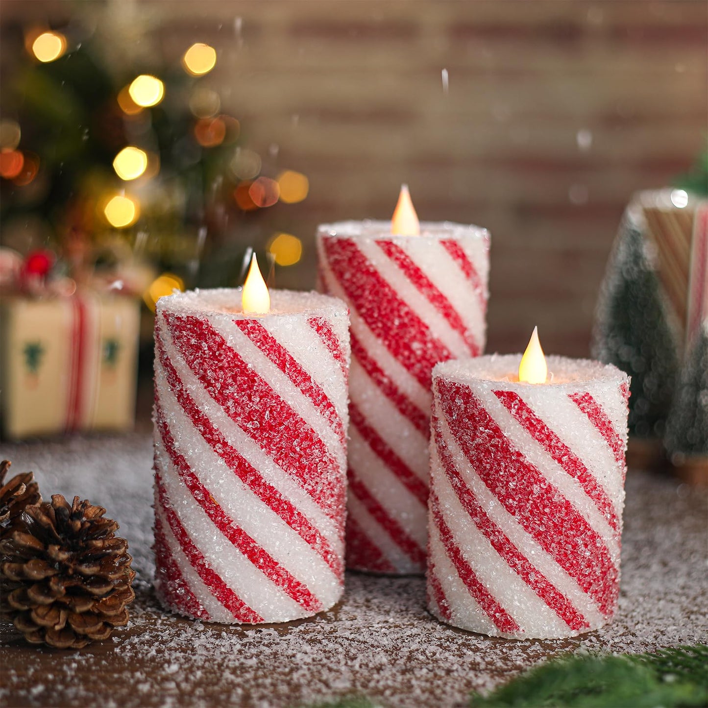 Christmas Flameless Pillar Candles Decor - 3PCS Candy Cane Stripe Real Wax Red and White LED Candles with Battery Operated for Home Christmas, New Year, Winter Wedding Party Decoration or Gift