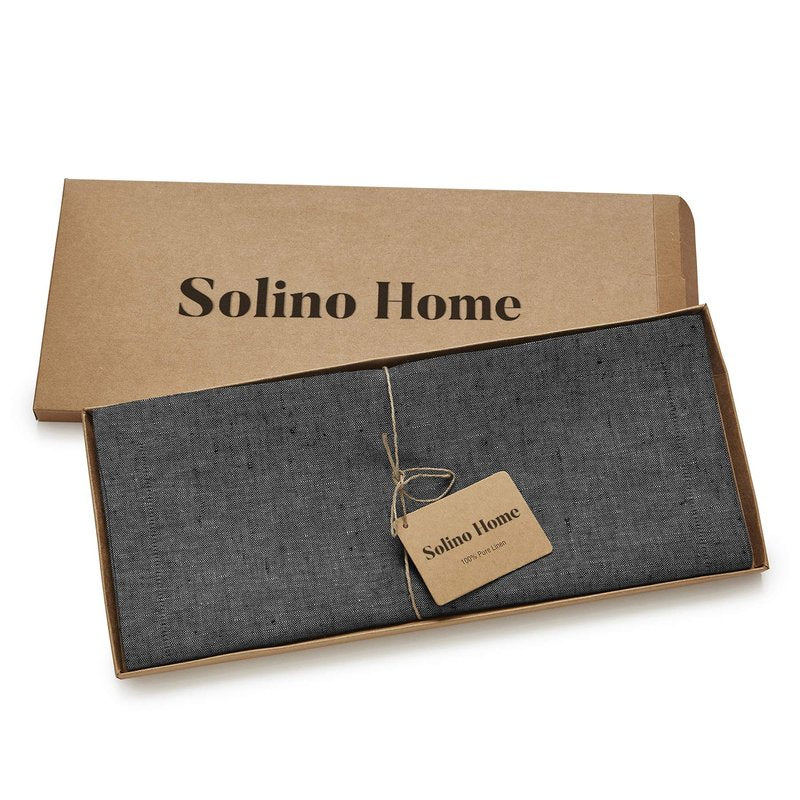 Solino Home Linen Table Runner 72 Inches Long - Athena, 100% Pure Linen Charcoal Grey Dining Table Runner 14 x 72 Inch - Handcrafted and Machine Washable