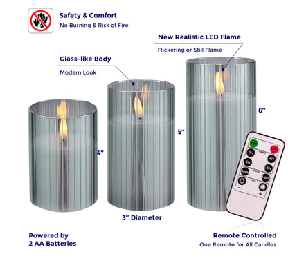 VENTA Flickering Flameless Candles With Remote Control - Led Candles Battery Operated - Battery Operated Candle For Decoration Table, Timer & Dimmer Features, Set - 3Pcs (4",5",6") (Grey Ribbed Glass)