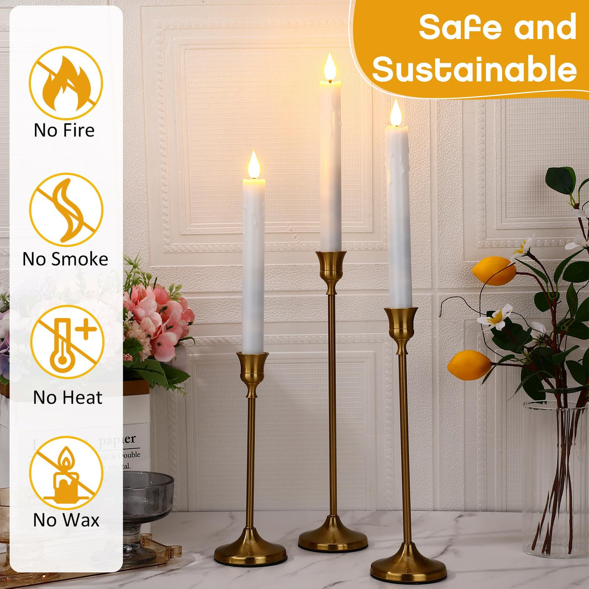 Baquler 24 Pcs 8.9 Inch Flameless Taper Candles Dripless Battery Operated LED Flickering Candlesticks Window Candle with 3D Flickering Flame for Easter Home Wedding Dinner Church Decor