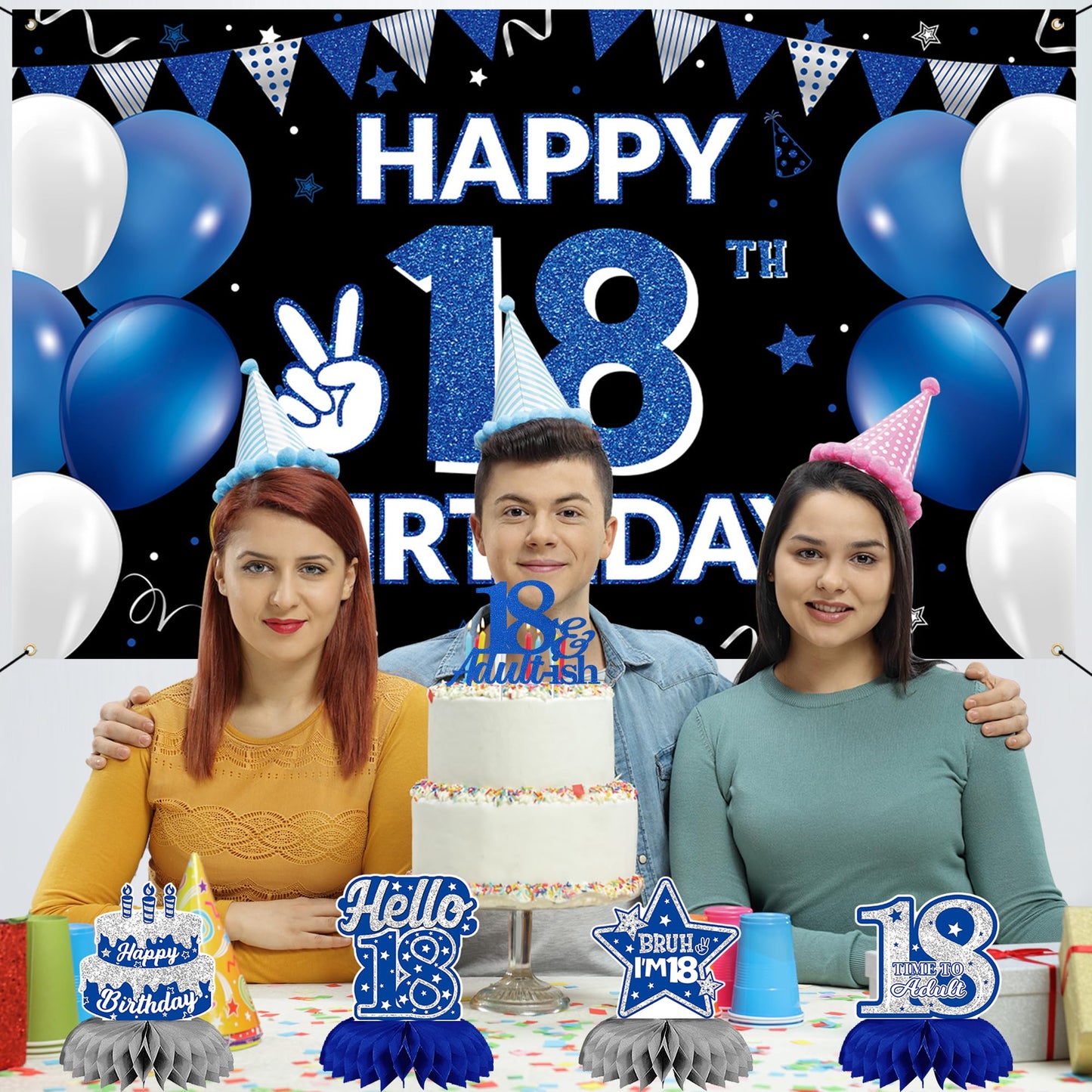 DARUNAXY 18th Birthday Party Decorations for Boys Girls, Blue Time To Adult 18 Banner, 18 Number Balloons & Cake Topper, Cheers To 18 Years Old Birthday Honeycomb Hanging Swirl Confetti Balloons