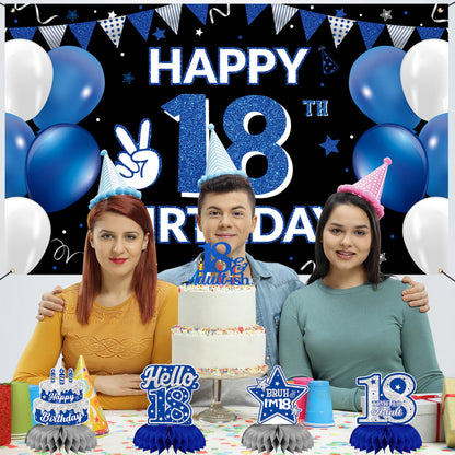 DARUNAXY 18th Birthday Party Decorations for Boys Girls, Blue Time To Adult 18 Banner, 18 Number Balloons & Cake Topper, Cheers To 18 Years Old Birthday Honeycomb Hanging Swirl Confetti Balloons