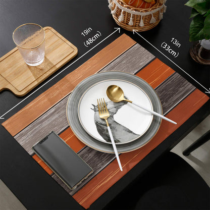 Farmhouse Fall Thanksgiving Placemats Set of 6, Retro Rustic Barn Wood Texture Polyester Stain Resistant Table Mats Washable Placemat Decoration for Kitchen Dining Table Ombre Burnt Orange Gray
