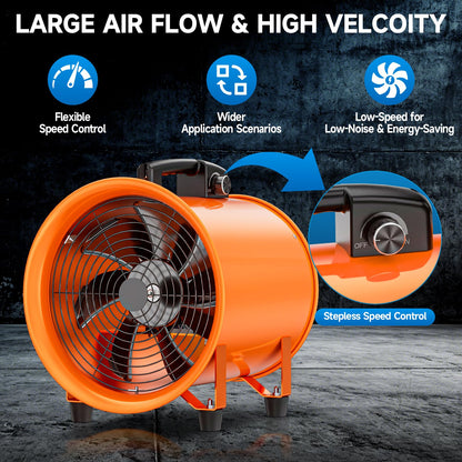 12 Inch Utility Blower Fan, 550W Portable Industrial Cylinder Axial Fan with 33Ft Duct Hose, 3243 RPM High-Velocity Air Extractor Fan Exhaust/Ventilation for Basement Workshop Warehouse Paint Booth