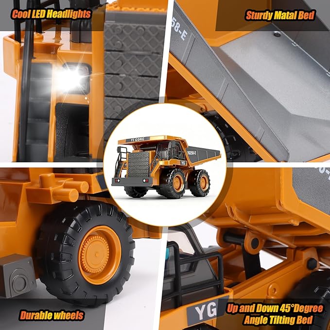 HuiJuKeJi Remote Control Dump Truck - 360° Rotating Metal Bed 9-Channel RC Construction Toy for Indoor Outdoor Play Rechargeable with Lights &amp Sounds for Kids Ages 6+