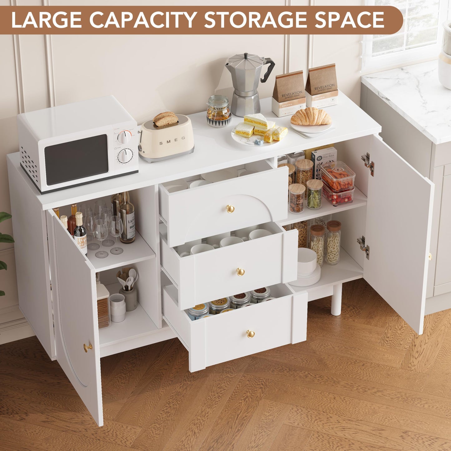 OneBlis Buffet Cabinet with Drawers, 54" Large Sideboard Buffet Storage Cabinet with Adjustable Shelves and Doors, Modern Coffee Bar Station Kitchen Table for Kitchen, Dining Room, White