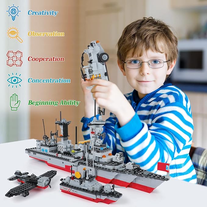 1296 Pieces City Police Set Aircraft Carrier Blocks Set 6 in 1 Military Warship Battleship Building kit with Airplane Boat Cop Car Tank Creative Roleplay Ship Gift Toys for Kids Boys 6-12 Years