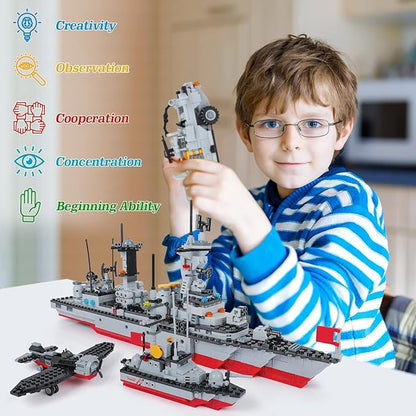 1296 Pieces City Police Set Aircraft Carrier Blocks Set 6 in 1 Military Warship Battleship Building kit with Airplane Boat Cop Car Tank Creative Roleplay Ship Gift Toys for Kids Boys 6-12 Years
