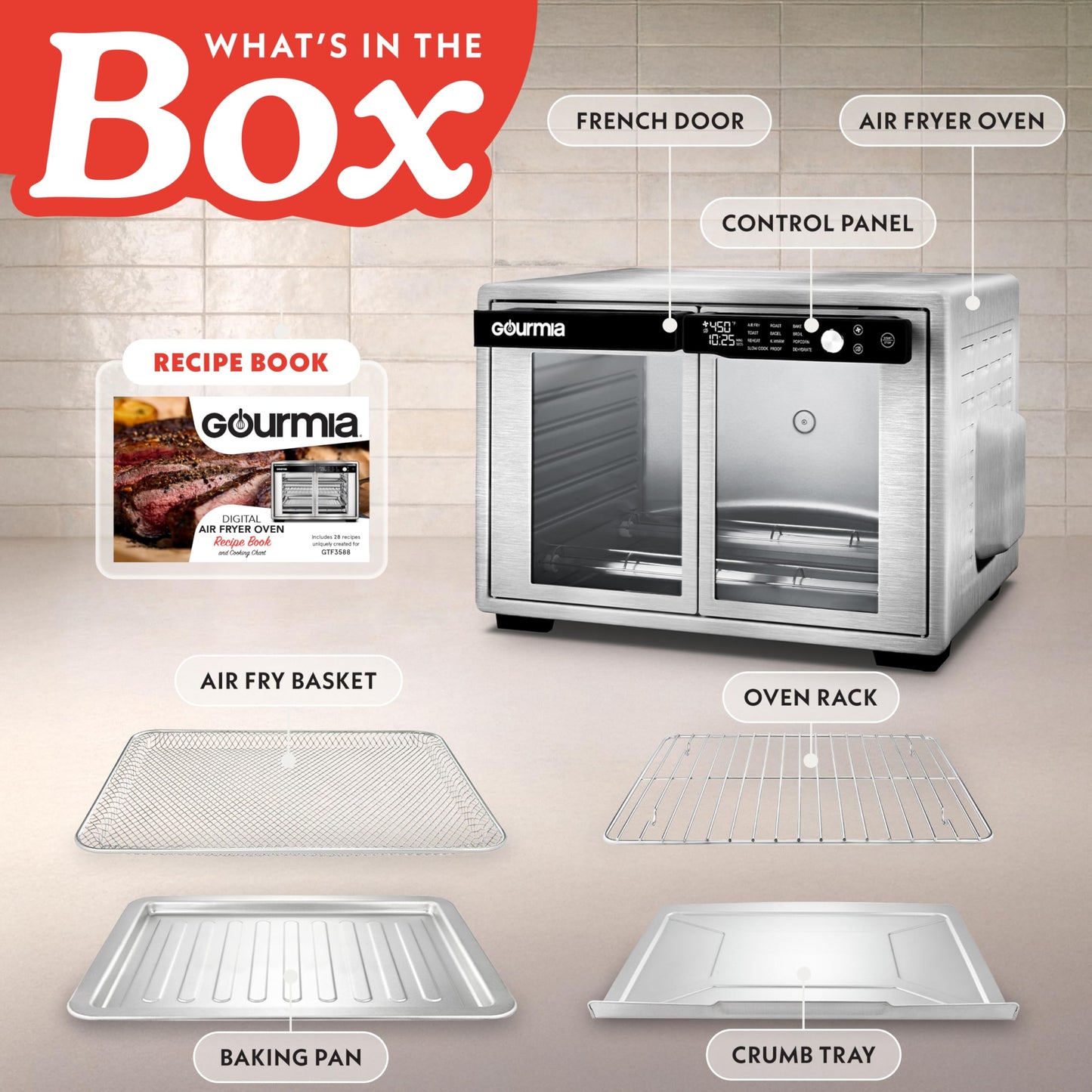 Gourmia French Door Air Fryer Oven - 37 Qt Large Capacity Convection Toaster Oven, FryForce 360°, Digital Display, 12 Cooking Presets, Dehydrate, Fits 13” Pizza, Dishwasher-Safe, Stainless Steel