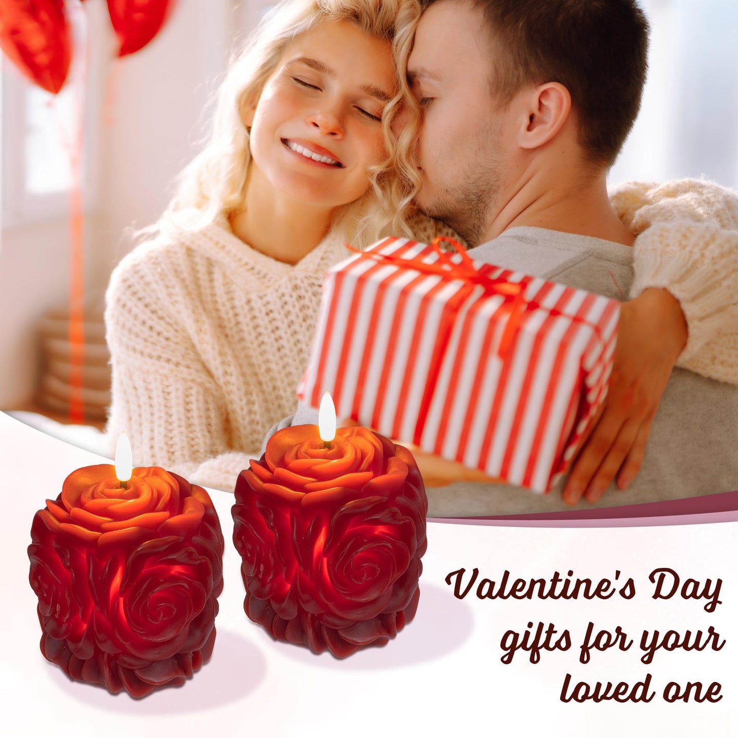 JOIONE Valentines Day Flameless LED Candles, Rose Shaped 3D Flickering Flame Battery Operated Candle with Remote, Romantic Candles for Date Night, Valentine's Day, Wedding and Home Décor, Red