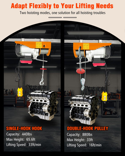 880 lbs Electric Hoist, 2 in 1 Wireless/Wired Remote Control, 110V/120V Electric Hoist Winch, 16ft/33 ft/min Speed, 65.6 ft Height for Garage, Attic, Warehouse, Factory, Construction Site