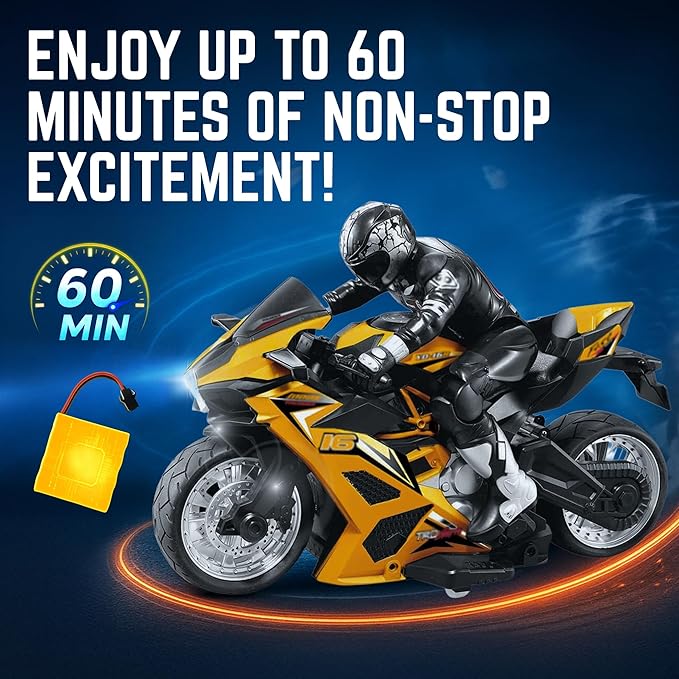 Liberty Imports 2.4G RC Remote Control Stunt Motorcycle with Riding Figure 1:10 Scale High Speed Cross Country 360 Degree Rotation Drift Shockproof Racing Motorbike (Yellow)