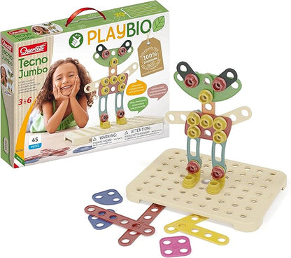Quercetti Tecno Jumbo Building Toy - Set includes 45 Pieces to Make 3-D Designs - STEM Toy for Educational Play and Motor Skills Development - Made with PlayBio Material - for kids ages 3 years +