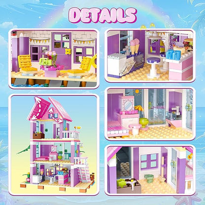 Beach House Building Sets Seaside Villa House Building Toys Compatible with Lego Friends Sets for Girls Age 8-12 Creative Holiday Cottage Building Kit Gift for Christmas Valentine's Day Party