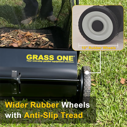 Grass One 26 Inch Push Lawn Sweeper, Leaf and Grass Collector with 7 Cu.Ft Mesh Bag, 4 Spinning PP Brushes, Durable Steel Construction, Adjustable Height & Rubber Tires for Yard Cleanup