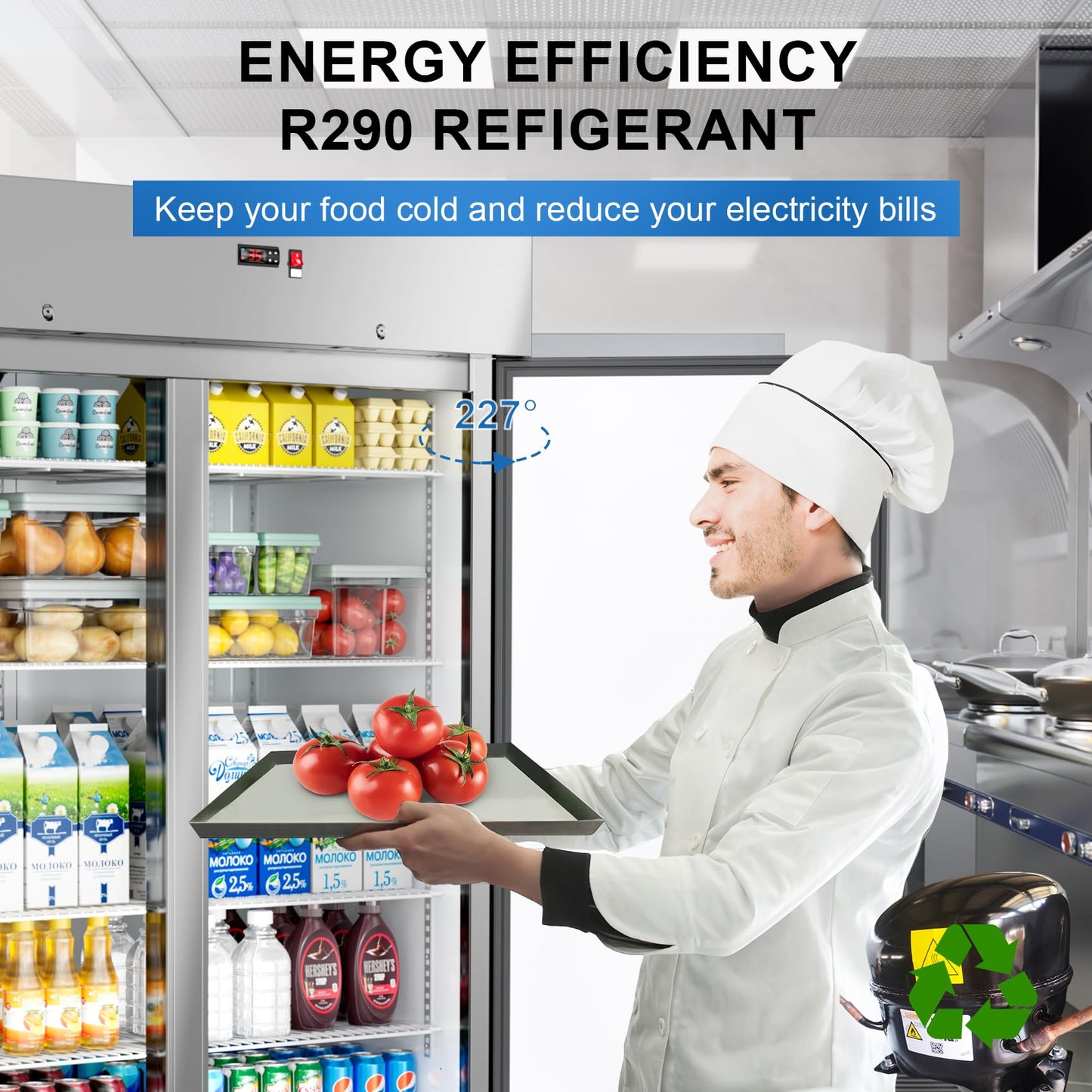 Ferueo Commercial Refrigerator 54" W 2 Door Stainless Steel Reach-in Solid Door Upright Fridge Fan Cooling 49 Cu.ft Refrigerators 32-47°F for Restaurant, Bar, Shop