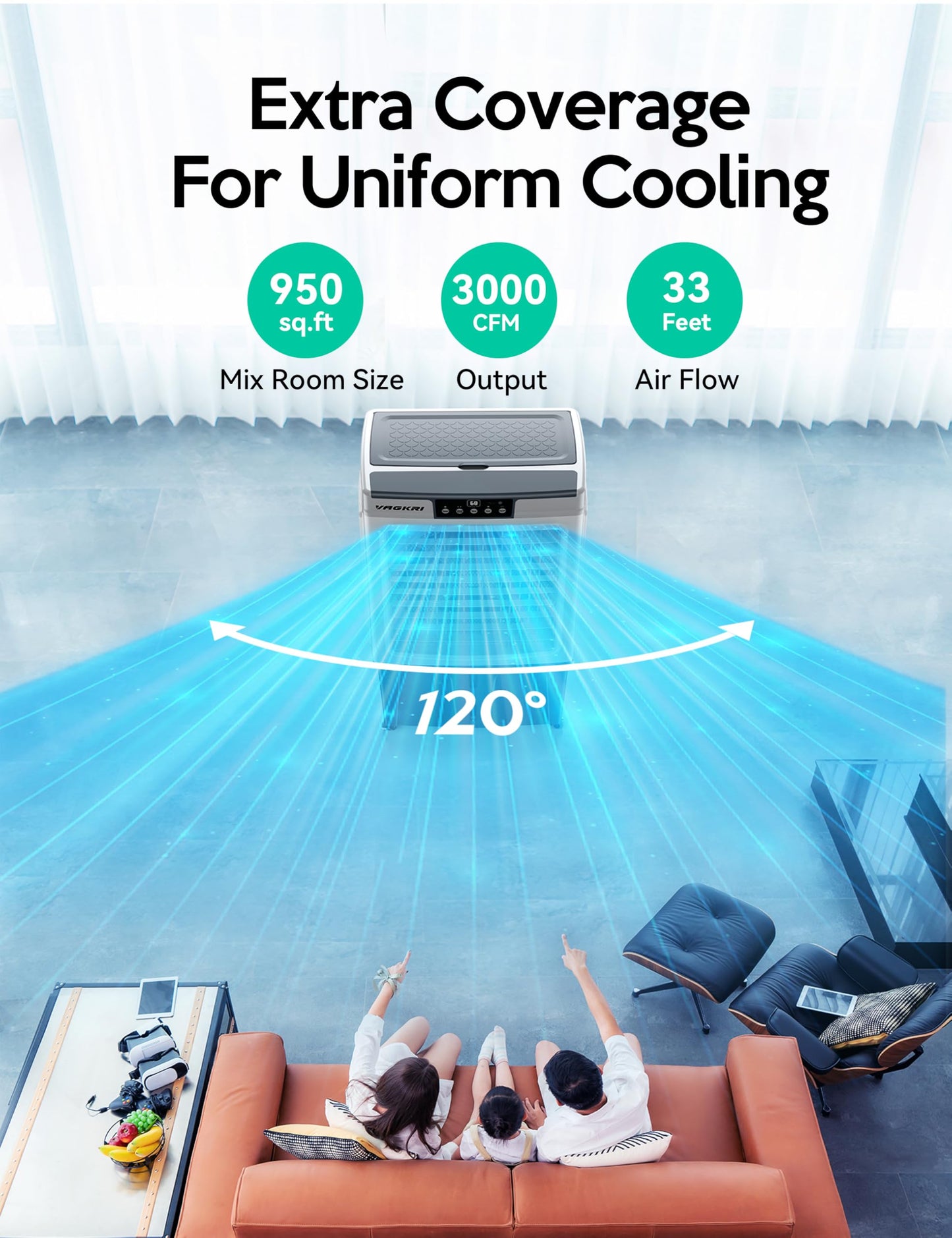 VAGKRI Swamp Cooler, 3100CFM Evaporative Air Cooler with 3 Modes & Wind Speeds, 120°Oscillation, 24H Timer, Portable Outdoor Air Conditioner with Auto Fill for Patio Garage Commercial Use, 12 Gallon