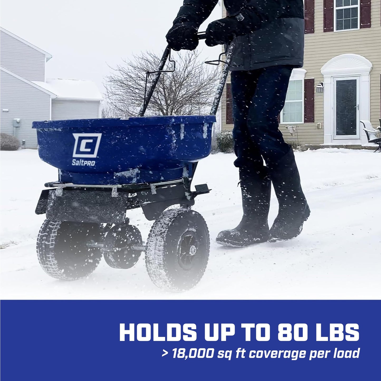 Chapin 88300B Spreader, Salt, Ice Melt, Contractor, SaltPro, Walk Behind, Spiked Auger, Adjustable Baffles, 12" Tires, Lever Control, Enclosed Gears, Weather-Resistant, Rain Cover, 80Lbs