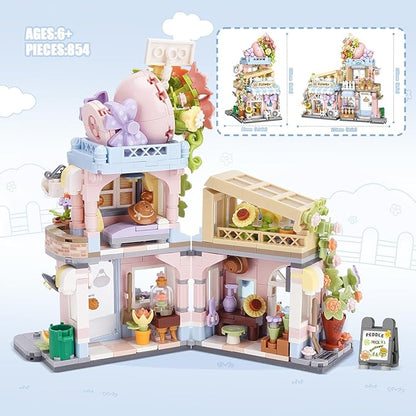 Street View Flower House Shop Mini Building Blocks MOC Creative Building Toys Cute Panda Building Set for Girls 6-12 Simulation Architecture Construction Toy Gift Idea for Kids Adults (854 PCS)