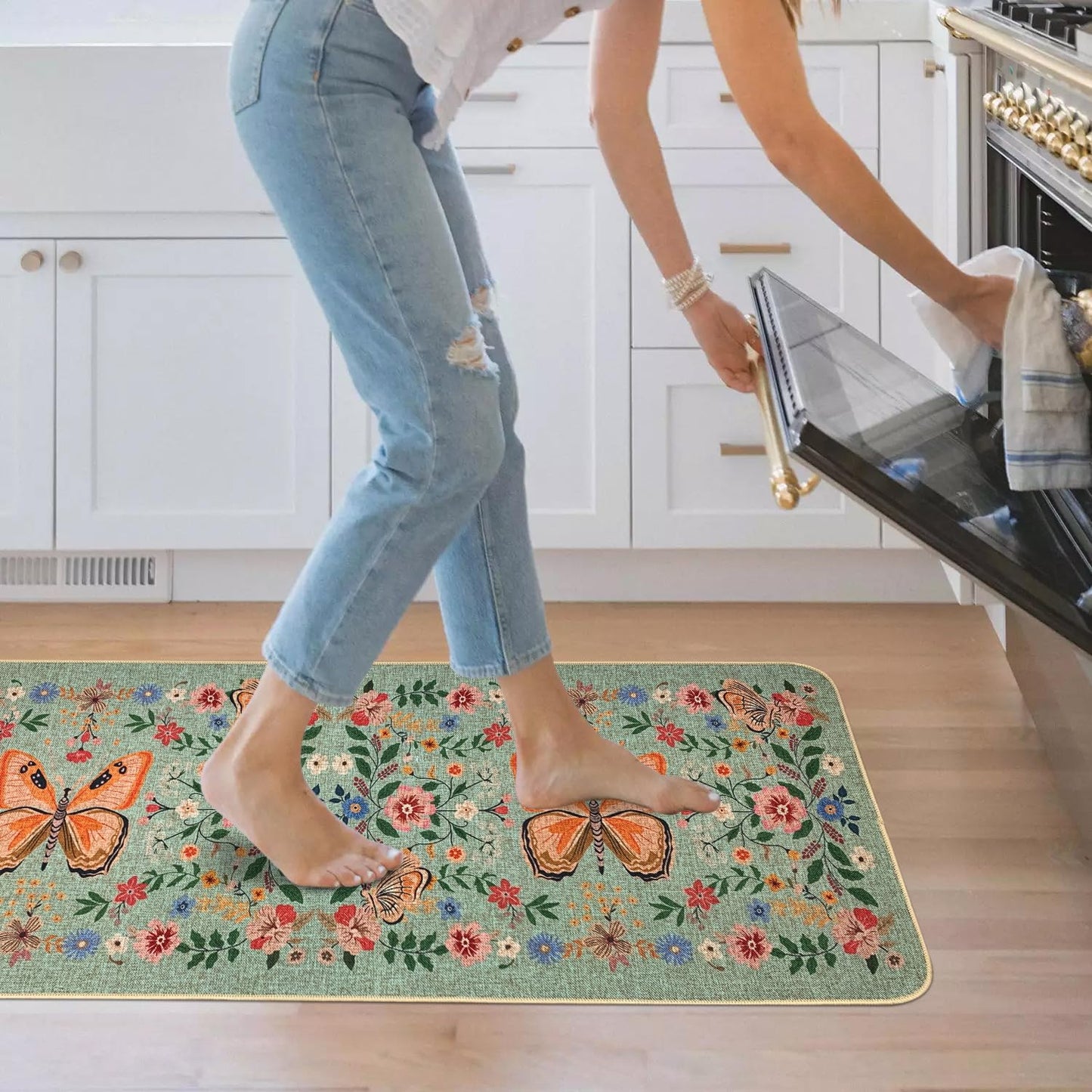 SHIYUE Boho Kitchen Mat Set of 2, Green Butterfly Flower Kitchen Rugs Farmhouse Modern, Non Skid Washable Rubber Runner Rugs, Kitchen Decor Accessories（17x47in+17x30in）