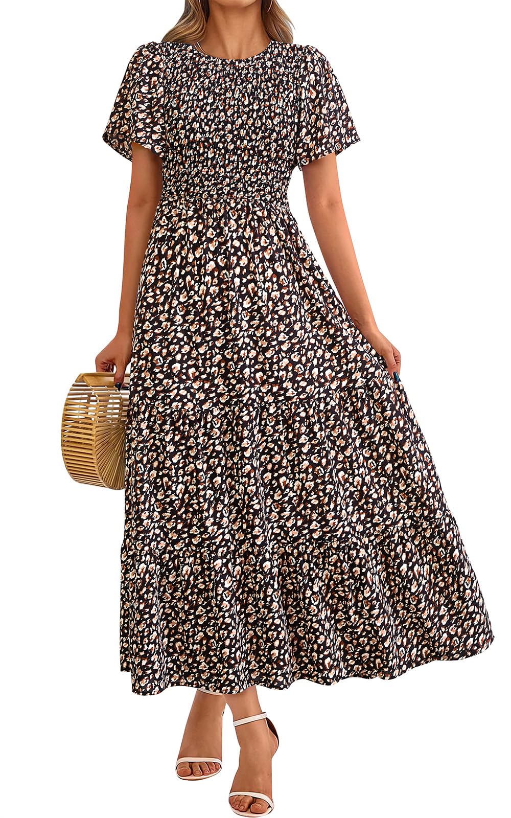 PRETTYGARDEN Women's 2025 Summer Casual Flutter Short Sleeve Boho Floral Maxi Dress Crew Neck Smocked Tiered Long Dresses