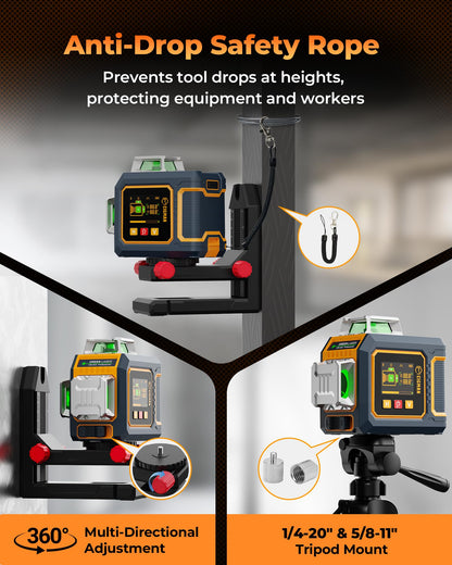 CIGMAN Green Laser Level, 3x360° Side LCD 12-Line Self-Leveling, Bluetooth App Remote, Pulse Mode for Receiver, ±1/8 in. at 33 ft Accuracy, 2x Li-ion (USB-C), 1/4-20 Mount, IP54, ABS Hard Case - S03
