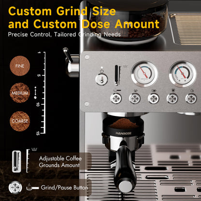 HANROSE Espresso Machine with Grinder, 20Bar Espresso Machine Stainless Steel, Coffee Machine with Milk Frother for Latte/Cappuccino, Adjustable Temperature, Independent Hot Water & Americano Function
